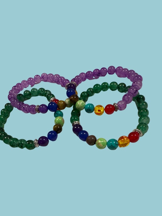 Accessories - Kids Colorful Beaded Stretch Bracelet Set - Purple & Green